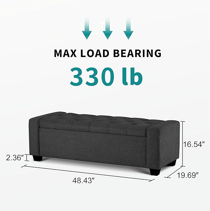 48" Ottoman with Storage, Storage Ottoman Bench with Safety Hinge, Upholstered Entryway Bench with Seating for Bedroom, Living Room, Holds up to 330 lb, Dark Gray-Ruum Studio Home