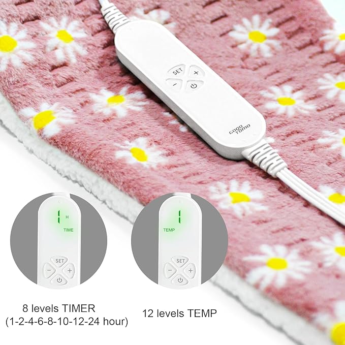 GOQOTOMO Flower Heating Pad for Back Pain Relief- 12" x 24"12 Heat Levels, 8 Timers Stay on, Machine Washable -F1224-Ruum Studio Home