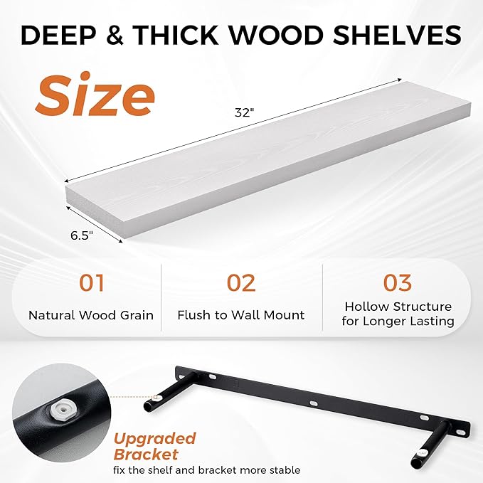 Fun Memories 32Inch Floating Shelves for Wall 2 Pack Wood Shelves for Kitchen, Bathroom, Bedroom Wall Mounted Rustic Wood Floating Shelf with Invisible Brackets for Books, Storage, Decor, White-Ruum Studio Home