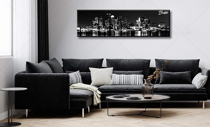 DJSYLIFE Boston Skyline Wall Art Canvas Wall Art Black and White Modern Panoramic Cityscape Pictures Paintings for Bedroom Office Decor, Ready to Hang 13.8"x47.3"-Ruum Studio Home
