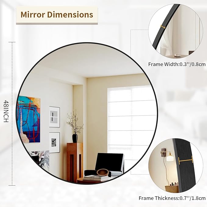 BEAUTYPEAK 48 Inch Round Mirror, Metal Frame Circle Mirror, Wall Mounted for Entryway, Bathroom, Vanity, Living Room, Black-Ruum Studio Home