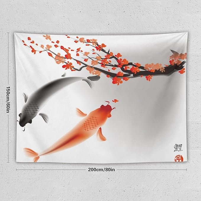 Houselerax Japanese Koi Fish Tapestry, Cherry Blossoms Asian Oriental Flower Branch Koi Fish Carp Tapestries Wall Hanging for Bedroom Living Room Office Decor 80"x60"-Ruum Studio Home