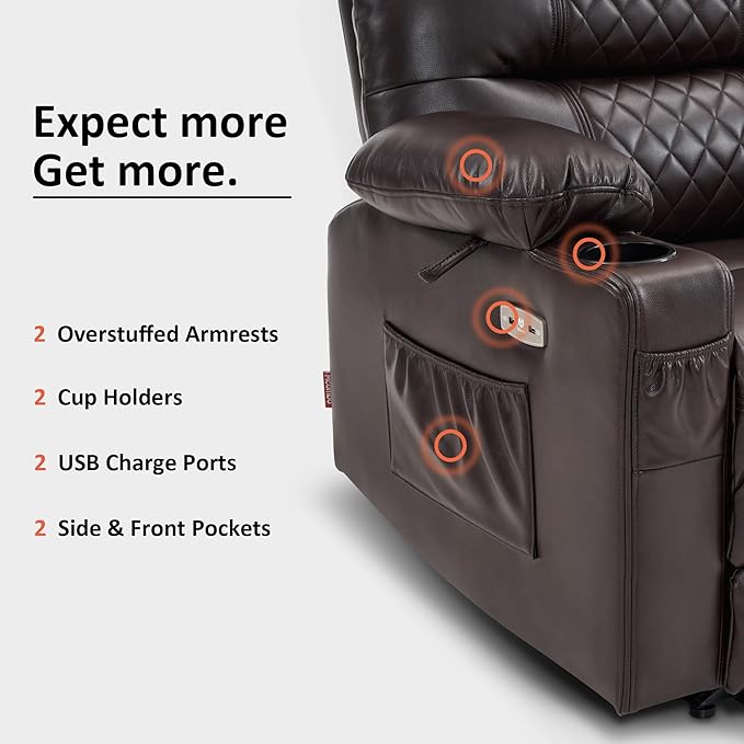 MCombo Zero Gravity Power Recliner Chair with Heat and Vibration Massage, Reclining Chair with USB Ports, Cup Holders for Living Room, Faux Leather PR621 (Brown)-Ruum Studio Home