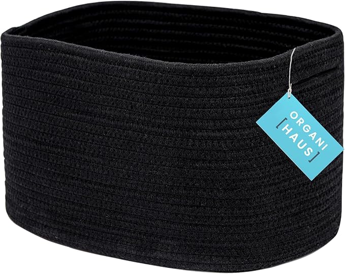 OrganiHaus Woven Storage Baskets for Organizing, Cotton Rope Organizer Bins for Shelves, Closet & Nursery, Dog Toy Basket, Decorative Bins for Toys, Towels & Books - 15x10x9, Black-Ruum Studio Home
