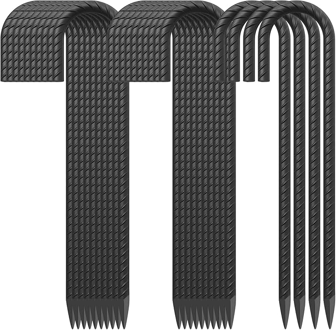 16 Inch Rebar Ground Stakes 24 Pack Heavy Duty J Hook Ground Anchors 3/8 Inch Diameter Steel Rebar Tent Stakes with Chisel Point End for Chain Link Fence, Canopy and Trampoline, Black-Ruum Studio Home