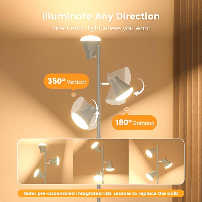 36W LED Tree Floor Lamp, Dimmable Tall Standing Lamp with Remote & Touch Control, 4 Color Temperatures Bright Floor Lamp, 3 Rotatable Light Modern Floor Lamps (Silver Gray)-Ruum Studio Home
