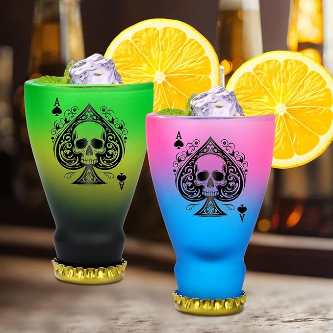 Spades Skull Pattern Glass Shot Glasses, Unique Wine Bottle Shot Glass, 43ml Shot Cups Set of 2 with Gift Box for Alcohol Shots, Vodka, Expresso, Tequila & Dessertsor, Gothic Christmas Gift-Ruum Studio Home