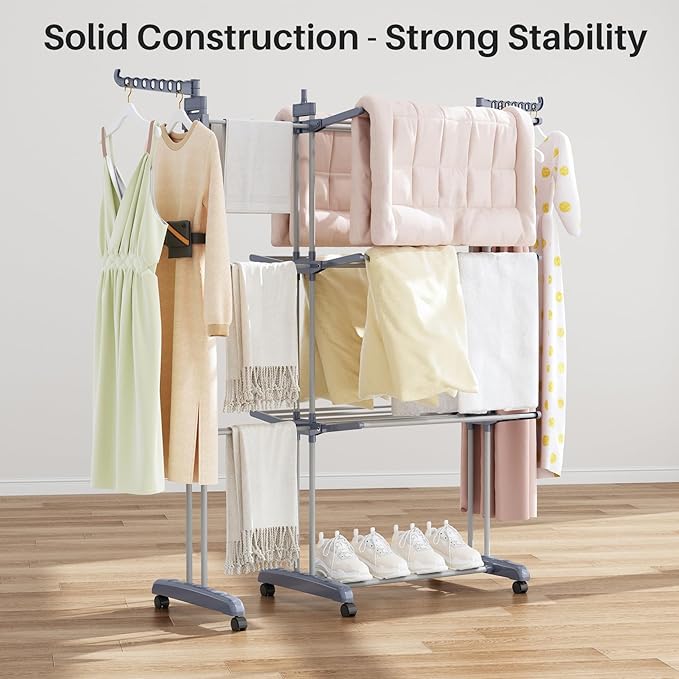 Kitstorack Clothes Drying Rack - Foldable Movable Clothes Rack Drying 30.0" W to 59.0" W Extensible Drying Rack Clothing Oversized 4-Tier Stainless Steel Large Clothes Rack Drying Indoor and Outdoor-Ruum Studio Home