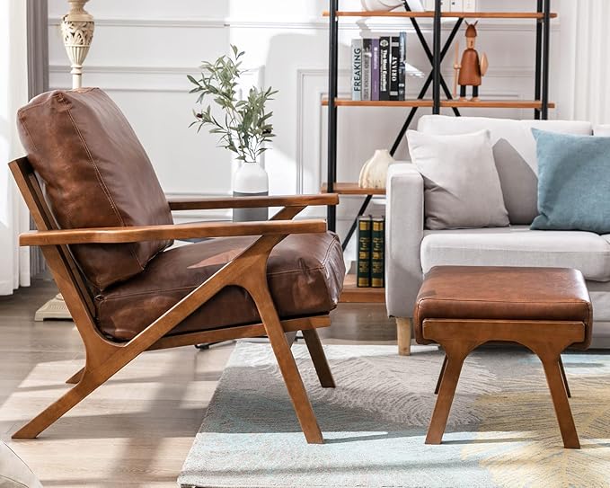 Mid Century Modern Accent Chair with Ottoman, Farmhouse PU Upholstered Living Room Armchair and Ottoman Set, 23" Seat Wide Retro Leisure Lounge Chair with Wood Frame for Home, Bedroom, Office, Brown-Ruum Studio Home