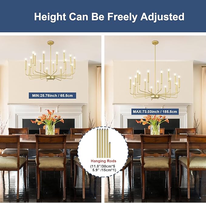Modern Gold Farmhouse Chandeliers, 16-Light Industrial Metal Chandelier Lighting, Classic Candle Hanging Pendant Light Fixtures for Kitchen Island, Living Room, Dining Room, Stair-Ruum Studio Home