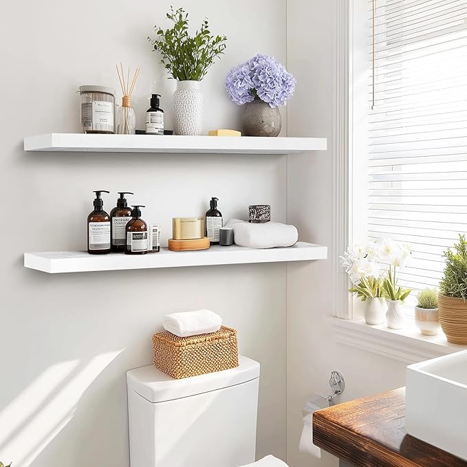 36"x6.8"x1.2" Solid Wood Floating Shelves 2-Pack - Rustic White Finish with Hidden Brackets, Perfect for Storage and Décor in Living Room, Kitchen, Bedroom-Ruum Studio Home