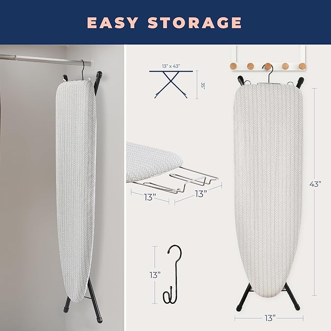 Ironing Board with Iron Rest, Iron Board with 3 Layers Extra Thick Cover, Compact and Space Saver Foldable Ironing Board, Adjustable Height, Easy Storage with Smart Hanger and Lightweight Design-Ruum Studio Home