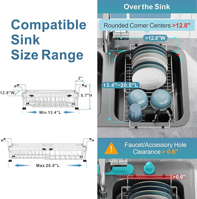 GSlife Expandable in Sink Dish Drying Rack - Stainless Steel Capacity Adjustable Over The Sink Dish Rack (13.4''-20.4''), Dish Drainer for Kitchen Sink Counter with Utensil Holder, Silver-Ruum Studio Home