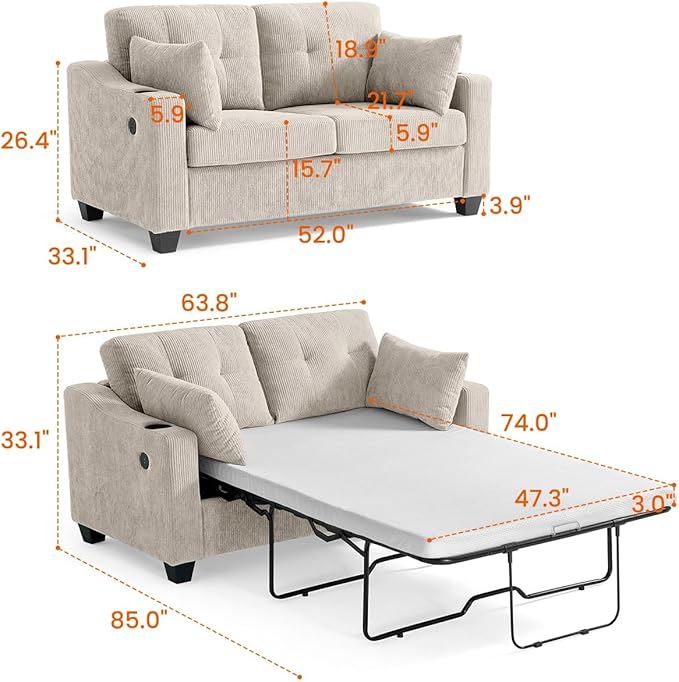 CHIC HOUSE Pull Out Sofa Bed, Full Size Sleeper Sofa, 2-in-1 Convertible Corduroy Couch with USB Charging, Memory Form Couch for Living Room, Apartment and Small Space (Beige, Corduroy - Full Size)-Ruum Studio Home