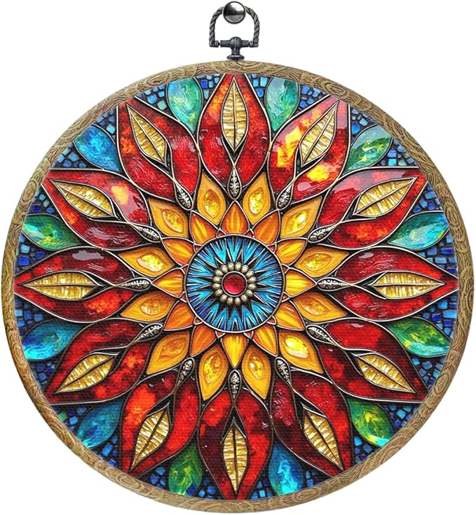 Colorful Geometric Mandala Framed Round Wall Decor Canvas Wall Art Hanging Prints Artwork for Home Office Kitchen Nursery Bedroom Living Room Porch Garden Birthday Decorations 10.2X10.2 Inch-Ruum Studio Home
