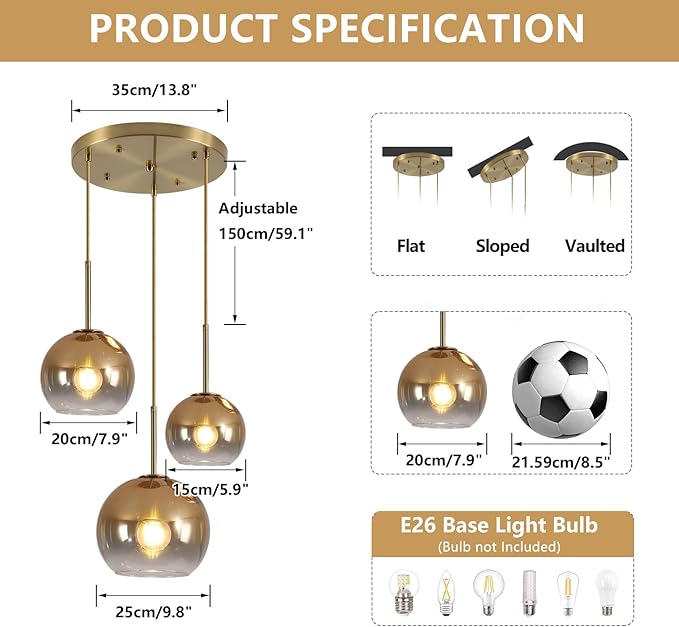 KCO Lighting Gold Cluster Pendant 3-Light Large Glass Pendant Lights Kitchen Island Bubble Globe Chandelier Mid Century Modern Hanging Light-Ruum Studio Home