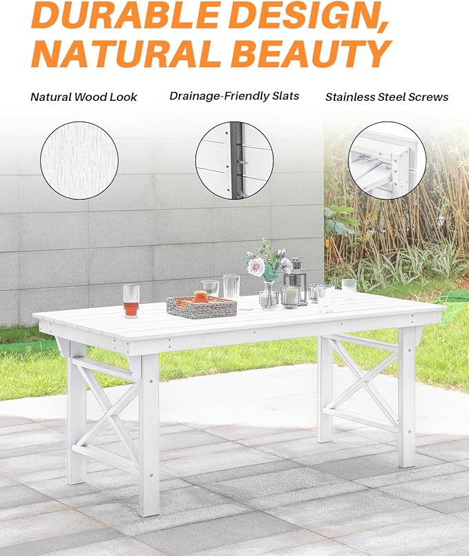 HDPE Outdoor Dining Table, 66.9” Rectangle Patio Dining Table for 6, All-Weather HDPE Outdoor Table with 2.2” Umbrella Hole, HDPE Patio Furniture for Deck, Backyard, Garden, Pool, Pearl-Ruum Studio Home