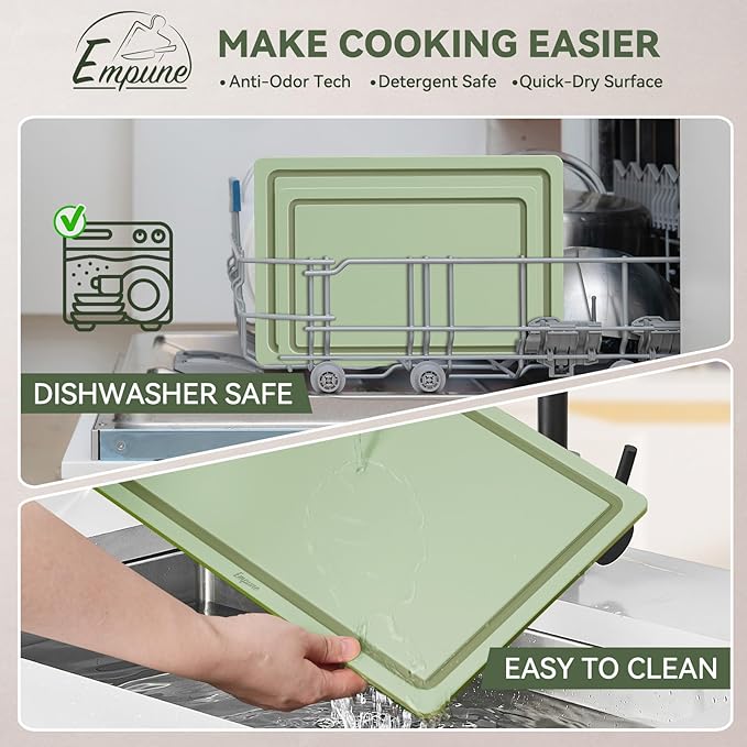 Empune Plastic Cutting Board Set, Recycled Plastic Cutting Boards for Kitchen (Set of 3), Dishwasher Safe Large Chopping Board with Holder, Non-slip Feet and Juice Grooves, Nonporous, Green-Ruum Studio Home