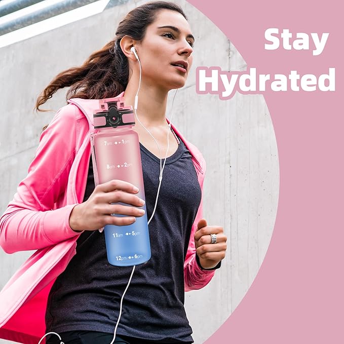 OLDLEY 32 oz Water Bottle, Motivational Water Bottle with Time Marker, Sports Water Bottle With Strap, Leakproof & BPA Free Large Water Bottles for School, Gym, Travel, Outdoor, Tritan,Pink&Blue-Ruum Studio Home