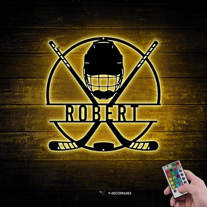 Hockey LED Metal Wall Art – Sports Custom Name Sign Light Up with Helmet and Sticks, Ice Hockey Room Decor for Players, Fans, Coaches-Ruum Studio Home