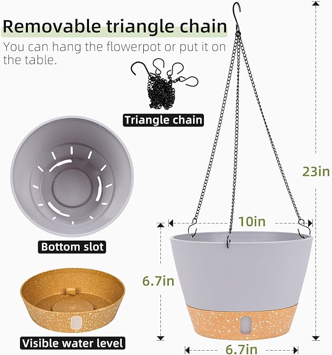 QCQHDU 2 Pack Hanging Planters for Indoor Outdoor Plants, 10 Inch Hanging Baskets Flower Pots with Reservoir Tray & Visible Water-Level-Ruum Studio Home