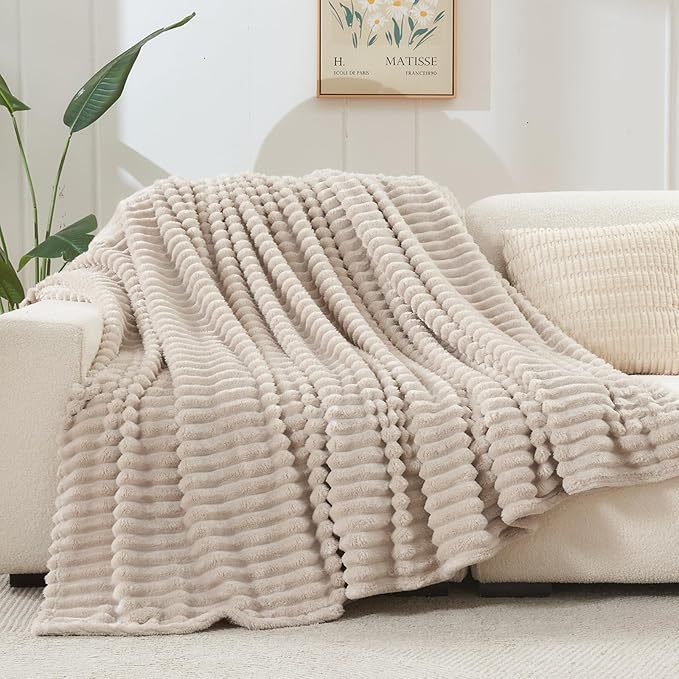 NEWCOSPLAY Super Soft Throw Blanket Linen Premium Silky Flannel Fleece 3D Ribbed Jacquard Lightweight Bed Blanket All Season Use (Linen Ribbed, Throw(50"x60"))-Ruum Studio Home