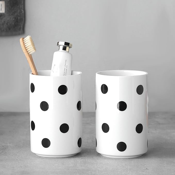 Black Polka Dot Ceramic Toothbrush Holders White - 2 Cups Toothbrush Holders for Bathrooms Toothbrush Toothpaste Holders, White Bathroom Tumbler Cups, Reusable Toothbrush Cups-Ruum Studio Home