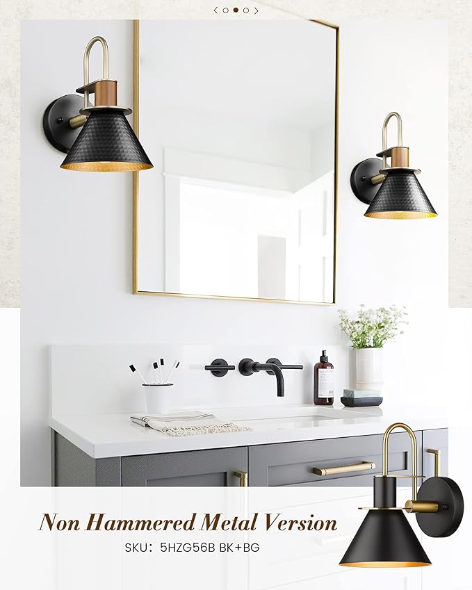 Modern Wall Sconces Set of Two, HWH Industrial Sconce Wall Lighting Indoor Wall Lamp, Gooseneck 1-Light Barn Vanity Light, Hammered Metal Shade, Black and Gold Finish, 5HZG74B-2 BK+BG-Ruum Studio Home