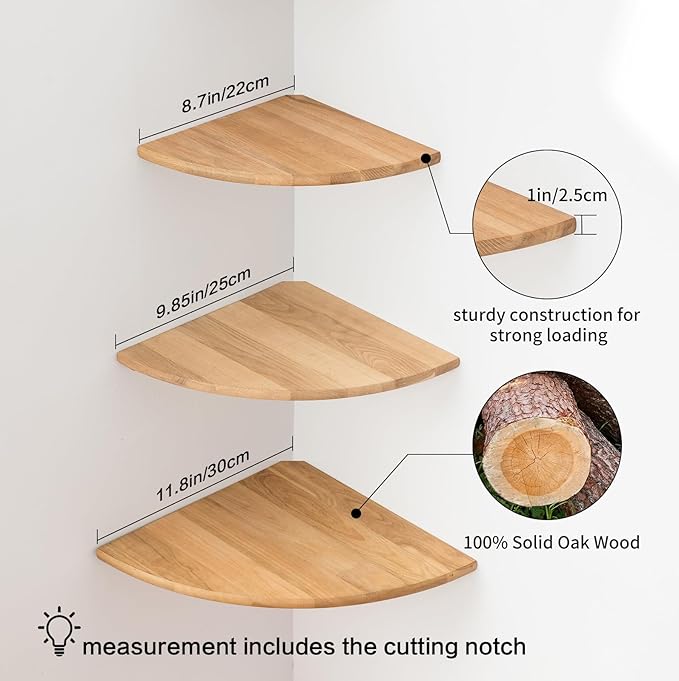 Corner Shelves, Floating Corner Shelf, Set of 3 Solid Oak Wood Corner Wall Shelves, Round End with Wire Hole Shelving for Small Plant for Bedroom Kitchen, Living Room (Size 9/10/12in)-Ruum Studio Home