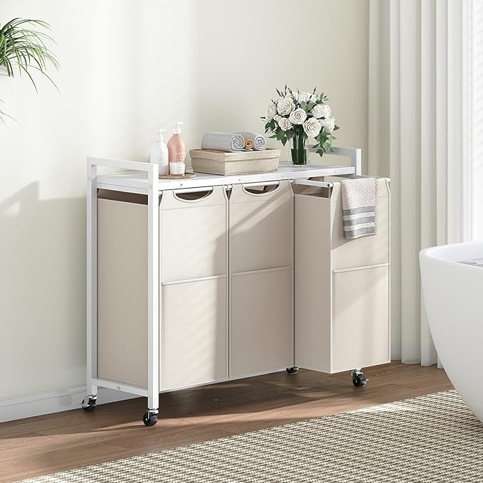 HOOBRO Laundry Sorter 3 Section, Laundry Hamper with Wheels, 3 × 11.5 Gal (43.4L), Rolling Laundry Basket, Pull-Out and Removable Oxford Fabric Bags, White WG76XY01-Ruum Studio Home