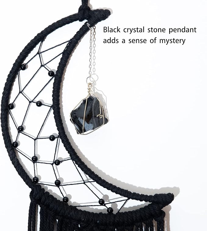 MOONFLY Black Moon Dream Catcher with Handmade Crystal Stone Design Woven Cotton Dream Catchers Boho Macrame Wall Hanging Home Decoration Ornament Craft Gift (Black Crystal Stone Moon)-Ruum Studio Home