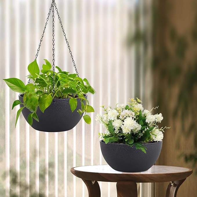 12 inch Large Hanging Planters for Indoor Outdoor Plants, 2 Pack Hanging Flower Pots with Drainage Holes and Chain for Garden Porch Plants, Plastic Hanging Baskets for House Plants, Black-Ruum Studio Home