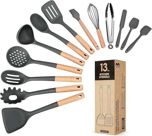 Kitchen Utensils Set, 13PCS Silicone Cooking Utensils, Heat Resistant Kitchen Utensil Spatula Set for Nonstick Cookware, Wooden Handles Kitchen Gadgets Tools Set-Ruum Studio Home