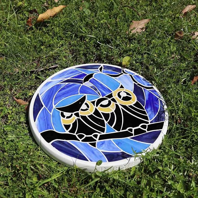 Bieye MSS005 Tiffany Style Stained Glass Mosaic Decorative Stepping Stone for Garden Decor (Owl, 12" Round)-Ruum Studio Home