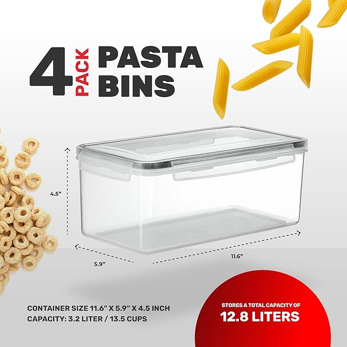 Large Airtight Food Storage Containers with Lids Set of 4 3.2L - 102 fl. oz Pasta storage Containers, BPA Free Plastic Spaghetti container - Air Tight Canisters for Kitchen Pantry Organization-Ruum Studio Home