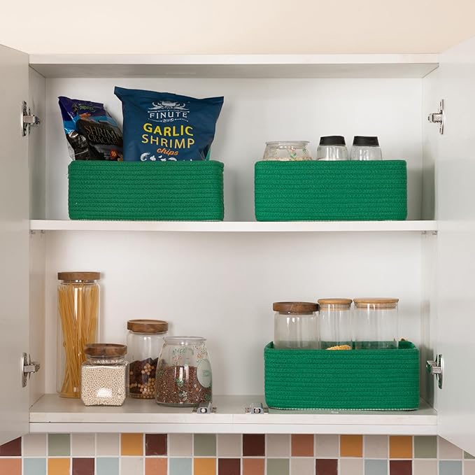 3 Pack Small Storage Baskets for Organizing, Cute Woven Decorative Gift Baskets for Shelves, Mini Closet Organizer Bins with Handles, 11.81''Lx7.87''Wx4.72''H-Green-Ruum Studio Home