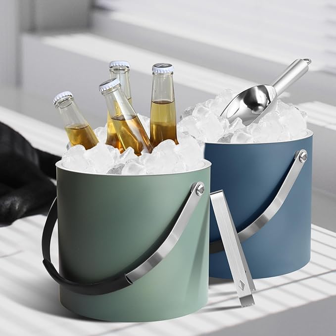 3L Ice Bucket with Silicone Lid, Scoop, Tongs & Strainer, Stainless Steel Double Wall Insulated Ice Buckets for Parties & Cocktail Bar, Outdoor Champagne Ice Container Bin, Dusty Green-Ruum Studio Home