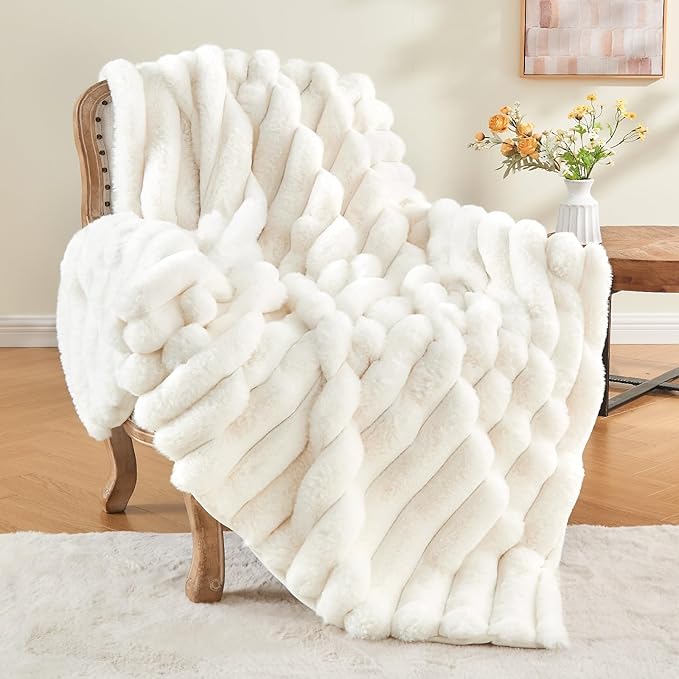 BEDELITE Faux Fur Throw Blanket for Couch, Soft and Cozy Luxurious 3D Striped Fluffy Blanket, 770GSM Thick Warm Plush Fuzzy Faux Rabbit Fur Blanket for Women Gift (Cream, 60"x 80")-Ruum Studio Home