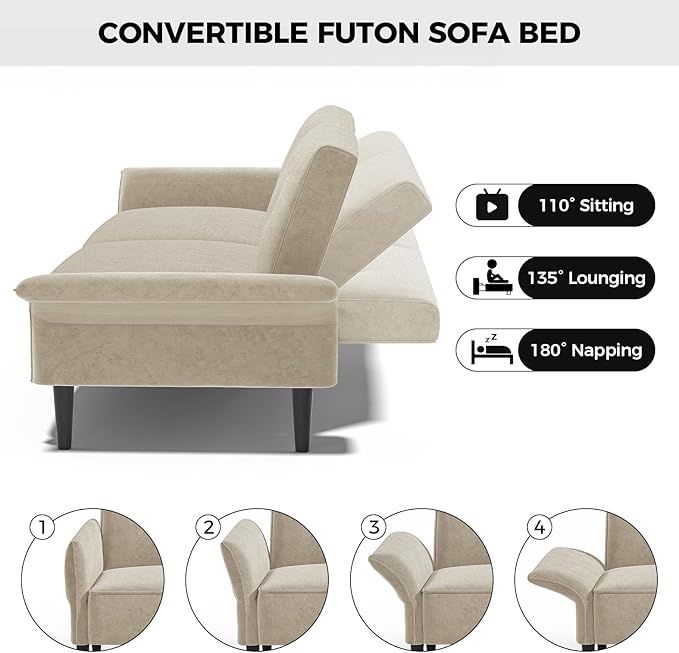 89” Futon Sofa Bed, Velvet Fabric Comfy Futon Couch Bed with 2 Square Pillows, Convertible Sleeper Sofa with Adjustable Backrest& Armrests, Modern Loveseat Sleeper for Living Room, Beige-Ruum Studio Home