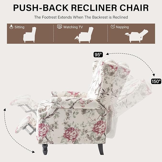 UIXE Pushback Recliner Chair, Fabric Upholstered Armchair Push Back Accent Chair for Living Room, Rivet Trim Home Theater Single Sofa Bedroom Reading Seat with Footrest - Beige Floral-Ruum Studio Home