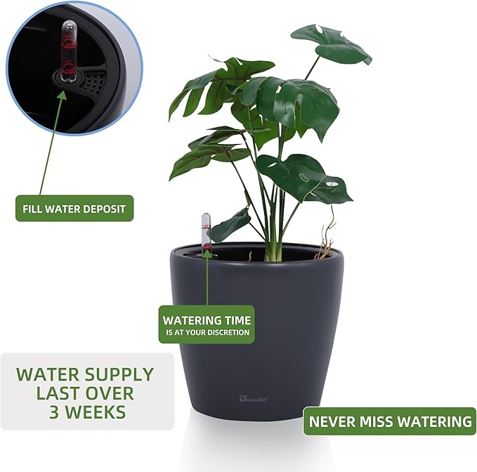 Dexceder 11x10 Inches Self Watering Planter Indoor Outdoor, Inner Pot Design, Thickened Table Flower Plant Pot with Water Level Indicator (Slate Gray Matte)-Ruum Studio Home