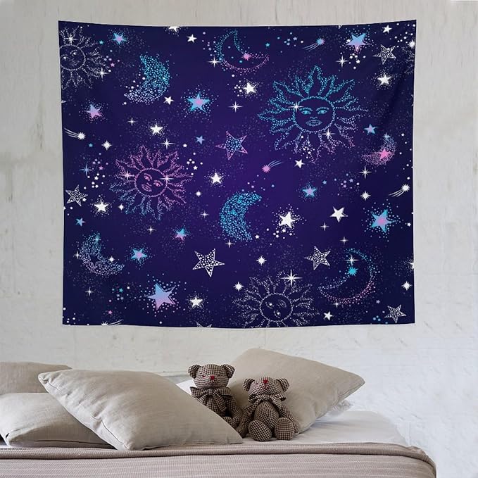 HZOHNAGO Boho Sun Moon Tapestry Purple Blue Sun Stars Galaxy Pattern Printed Wall Tapestry Wall Hanging for Bedroom Living Room Dorm 60" W x 50" H-Ruum Studio Home