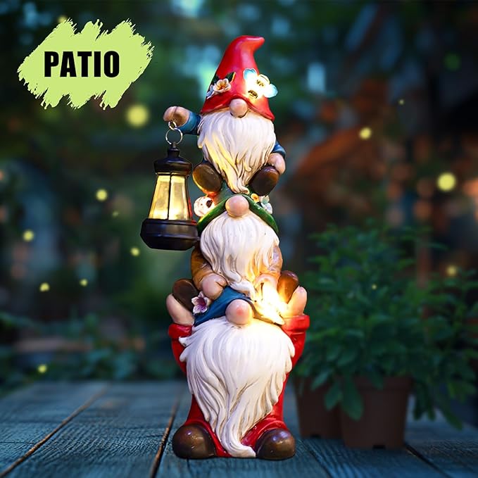 Garden Gnome Statue with Solar Lights Garden Sculptures Funny Triple Gnome Outdoor Patio Lawn Yard Balcony Garden Home Decor Birthday Gifts for Women Mom Grandma 12 in Fall Gnome-Ruum Studio Home