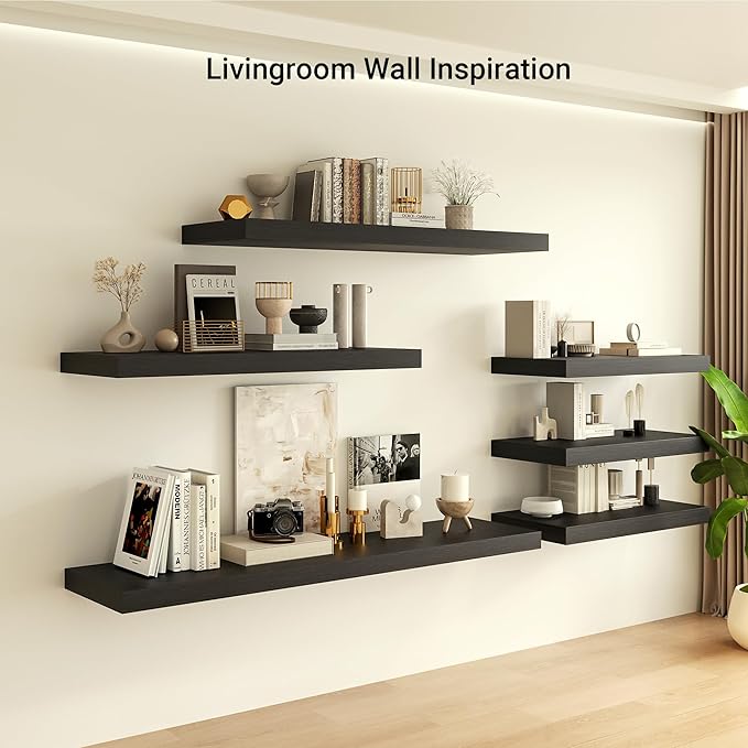 Heimlove 12 Inch Deep Floating Shelves, 48 x 12 inches Long Wall Shelf, Large Display Shelf & Storage Shelf, Rustic Wood Wall Shelves for Fireplace Mantel, Set of 1(Black)-Ruum Studio Home