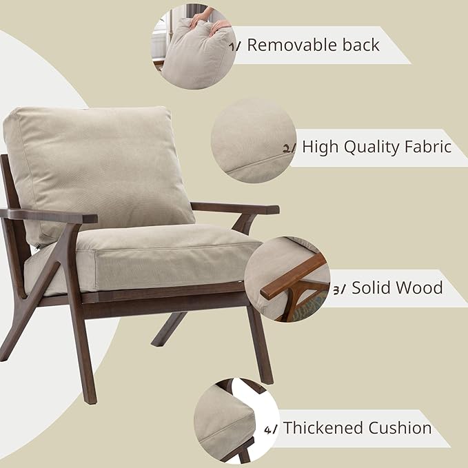 Wahson Set of 2 Mid Century Chair, Upholstered Accent Armchairs, with Wood Frame and Canvas Cushions, Leisure Slipper Chair for Living Room/Bedroom, Beige-Ruum Studio Home