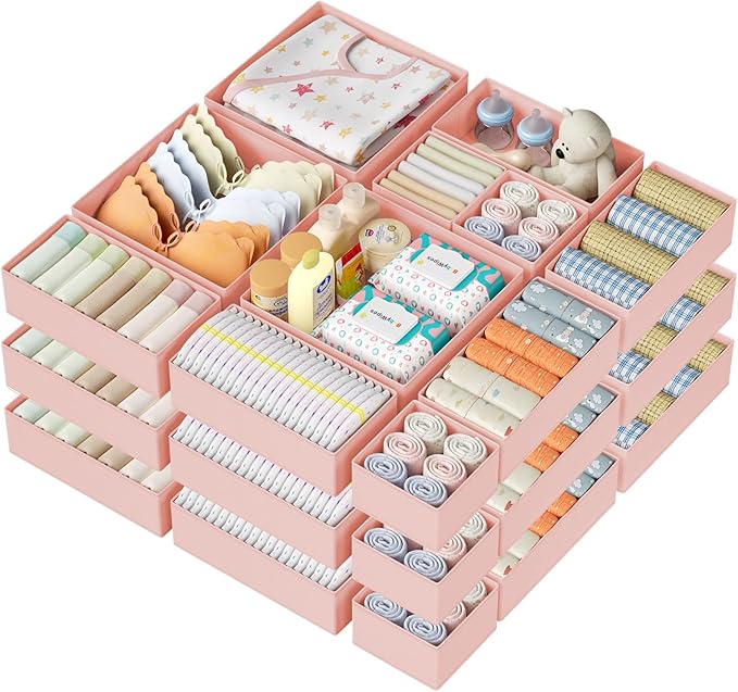DIMJ Drawer Organizer Clothes 24Pack - Foldable Baby Organizers and Storage & Dresser Organizer for Bedroom, Closet - Nursery Organization Dresser Dividers for underwear, Sock,Bra, Belt, Tie, Pink-Ruum Studio Home