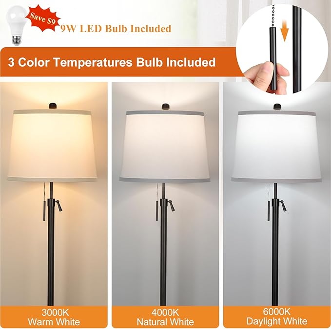 Black Floor Lamps for Living Room Adjustable Height Standing Lamp Modern Tall Pole Lamps for Bedroom Office with White Linen Shade 3 Color Temperature 9W LED Bulb Included-Ruum Studio Home