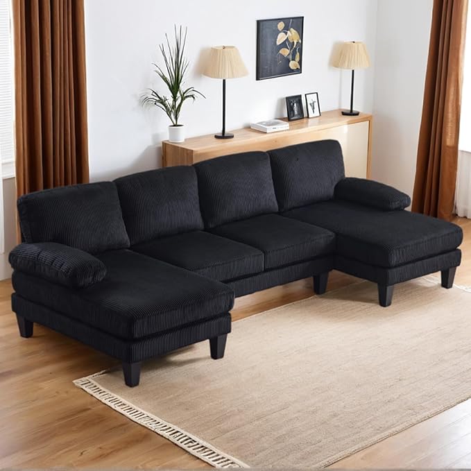 Karl home U-Shape Sectional Sofa Couch 111" Modern 4-Seat Sofa with Chaises Corduroy Fabric Upholstered Covertible Couch with Wood Grain Legs for Living Room, Reception Room, Apartment, Black-Ruum Studio Home