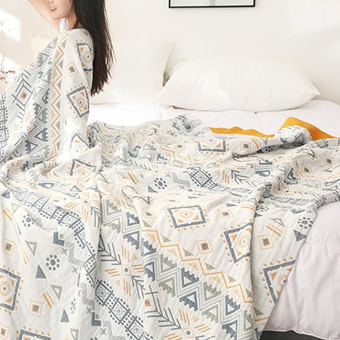 Boho Muslin Blanket for Adults 4-Layer Gauze 80 x 90 Inches Soft Cozy 100% Cotton Cooling Blanket Geometric Farmhouse Decor for Sofa Bed Coverlet Both Sides (Boho-G-Yellow, 80 x 90 in)-Ruum Studio Home