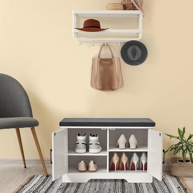 2-Tier Storage Bench, Shoe Bench with Padded Seat Cushion, Entryway Bench with 2 Barn Doors, Adjustable Shelf, 13.8" D x 27.6" W x 17.7" H, for Entryway, Living Room, Bedroom, White-Ruum Studio Home